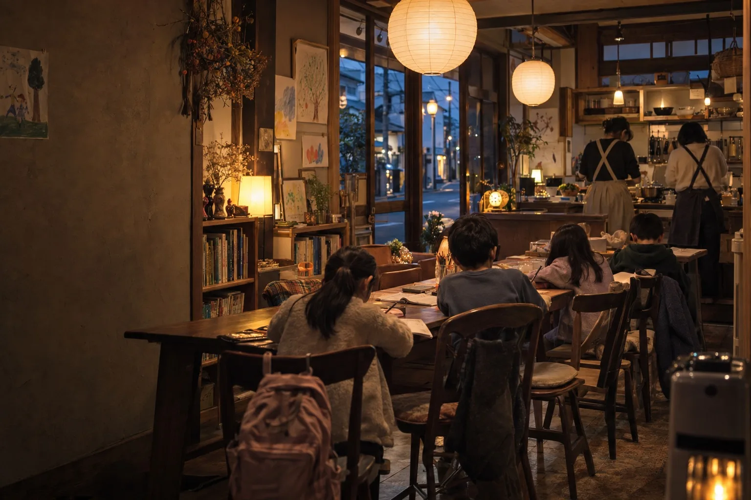 夕方の食堂の長い机で、子どもたちが宿題をし、奥の台所でボランティアが夕ごはんを作っている。子どもは後ろ姿（イメージ・見本）