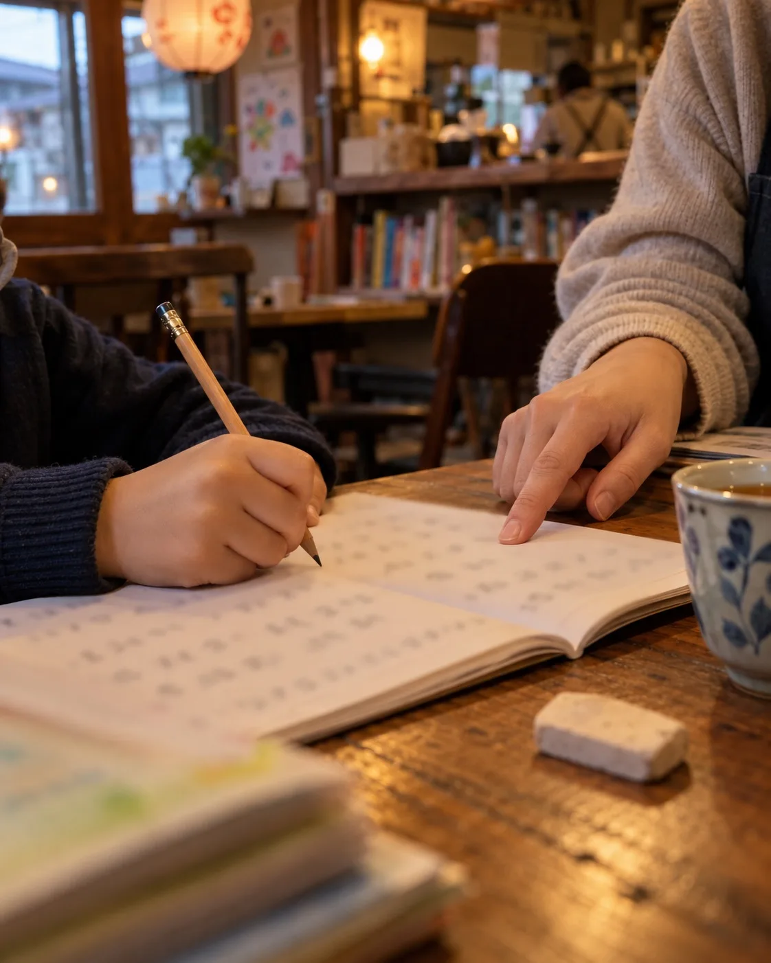 算数のドリルに書く子どもの手と、問題を指す大学生のボランティアの手（イメージ・見本）