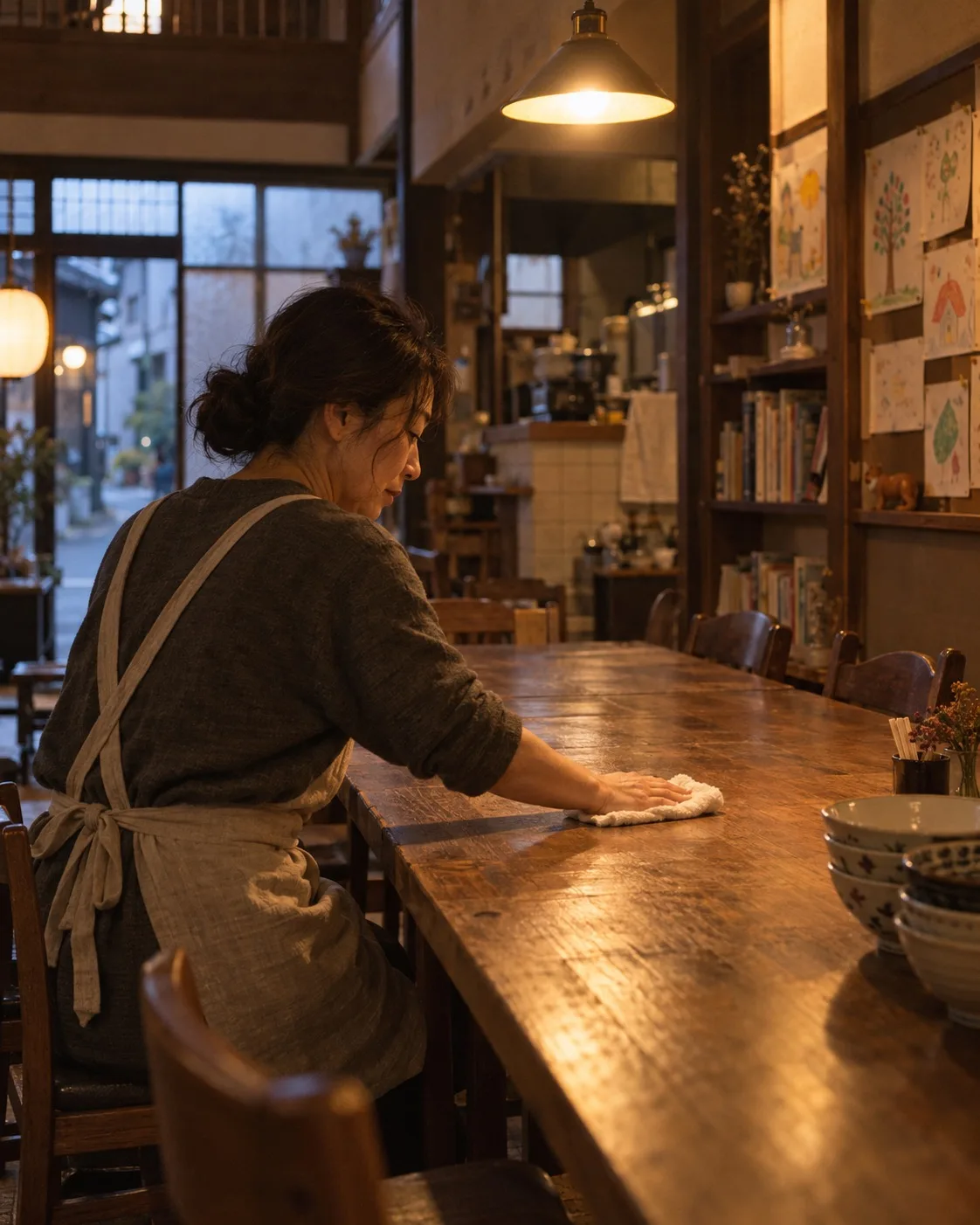 閉店のあと、長い机を布で拭く代表の横からの後ろ姿（イメージ・見本）