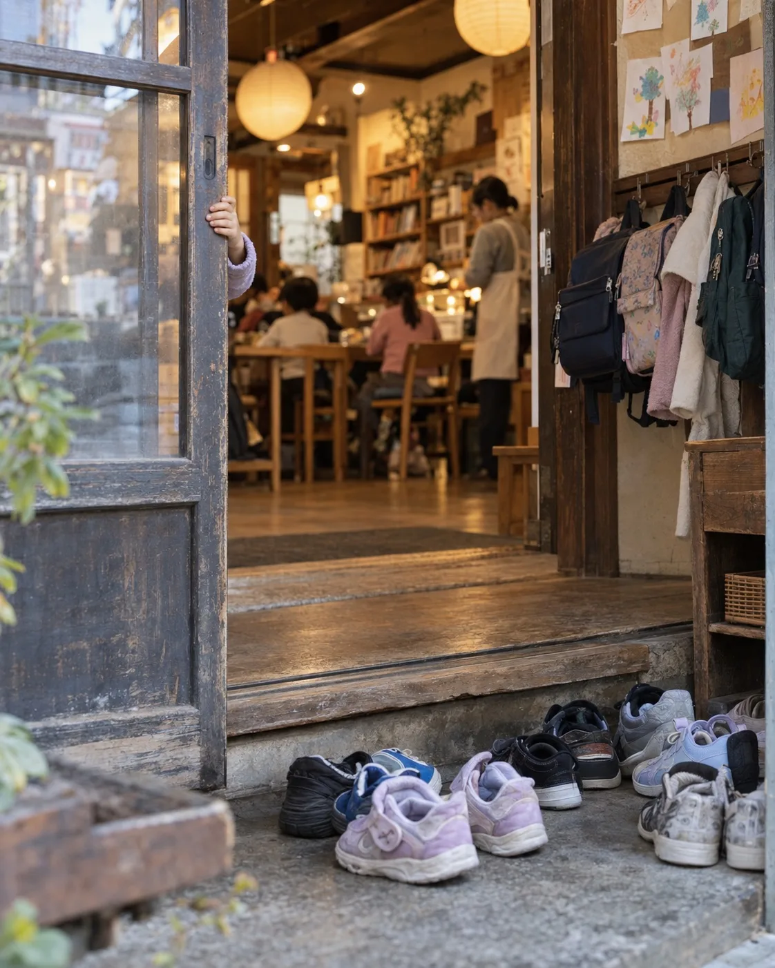 入口に脱いだ子どもの靴が並び、ランドセルがかかっている（イメージ・見本）