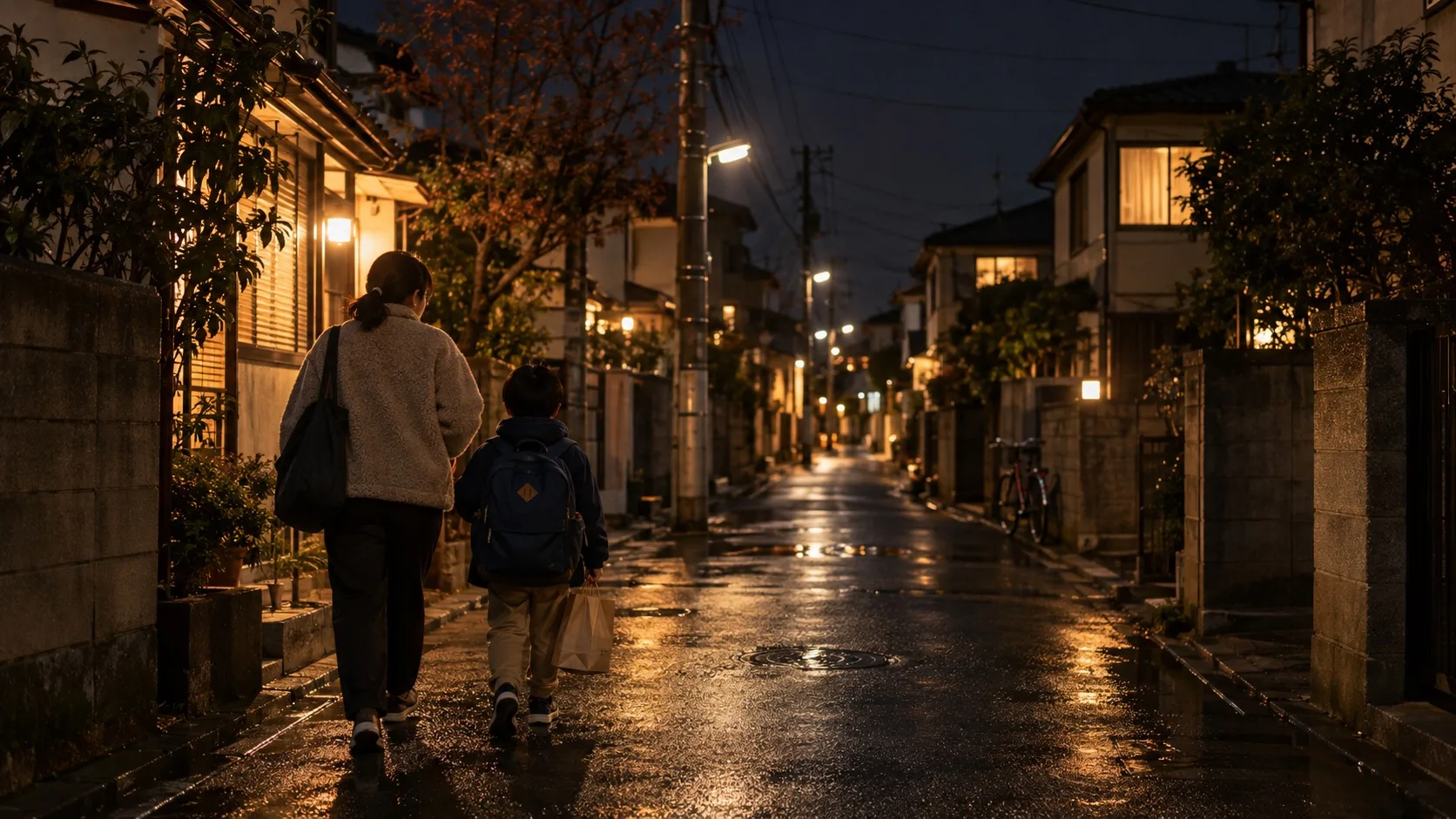 夜の住宅街を、ボランティアと子どもが並んで歩く後ろ姿（イメージ・見本）