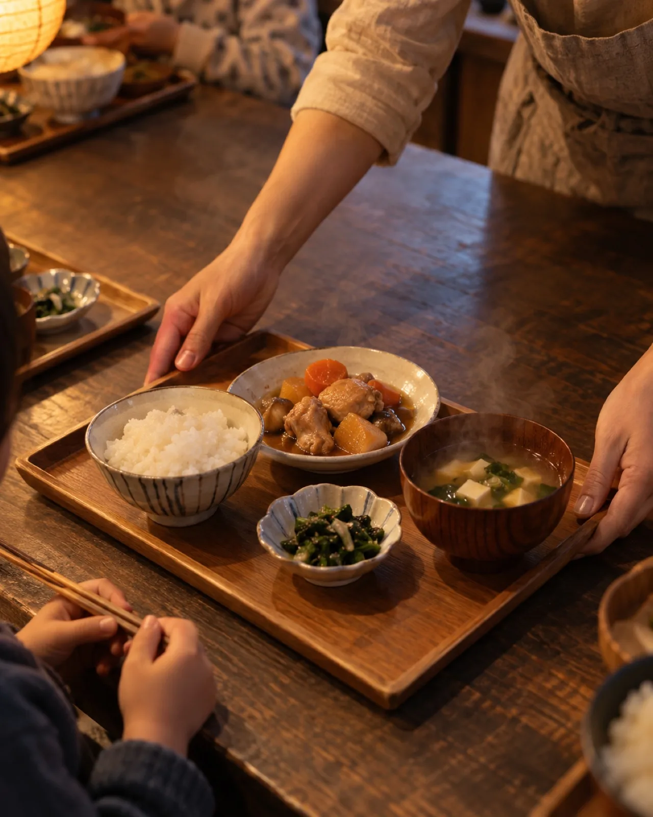 ボランティアの手が、ごはん・みそ汁・鶏の煮物・青菜のおひたしを載せたお盆を、箸を持って待つ子どもの前に置く（イメージ・見本）