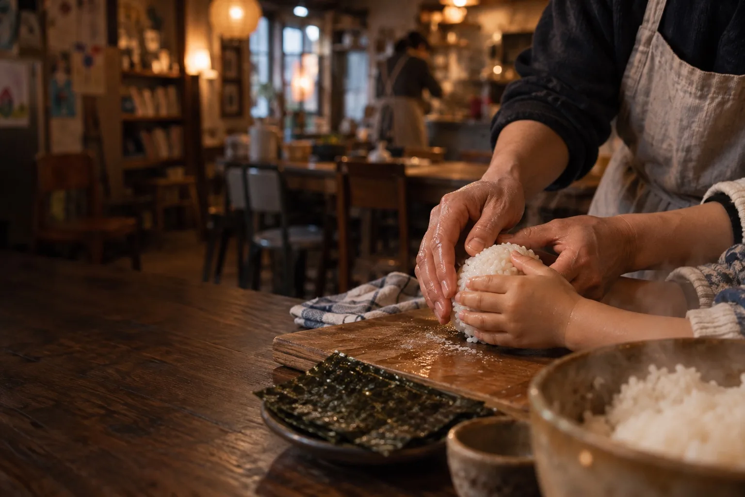 子どもの小さな手とボランティアの手が、一緒におにぎりを握っている（イメージ・見本）